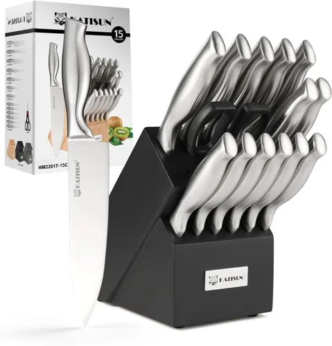 Vista 9 de Juego de cuchillos de cocina de 15 piezas con afilador integrado, juego de bloques de cuchillos de acero inoxidable alemán, apto para lavavajillas