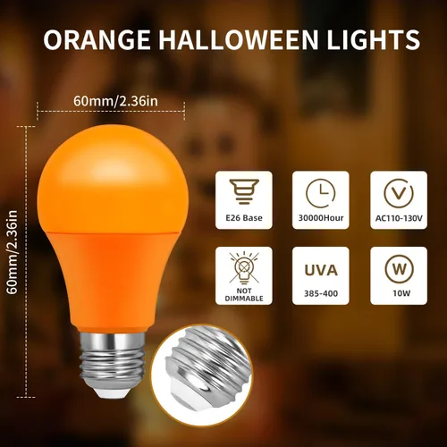 Vista 2 de Bombillas LED A19, base E26, 9 W (equivalente a 60 W), luz de porche para decoración de Halloween, paquete de 4
