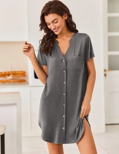 Vista 2 de Ekouaer - Camisón abotonado con cuello en V para mujer