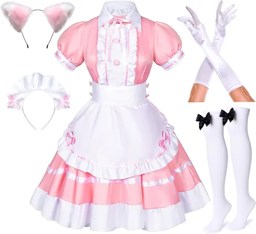 Vista 2 de Elibelle Vestido de sirvienta de anime japonés para cosplay, dulce clásico Lolita, delantal elegante con calcetines y guantes