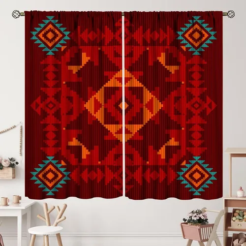 Vista 145 de Cortinas con patrón geométrico tribal, estilo suroeste, azteca, rústico, occidental, nativo americano, opacas, con bolsillo para barra, decoración