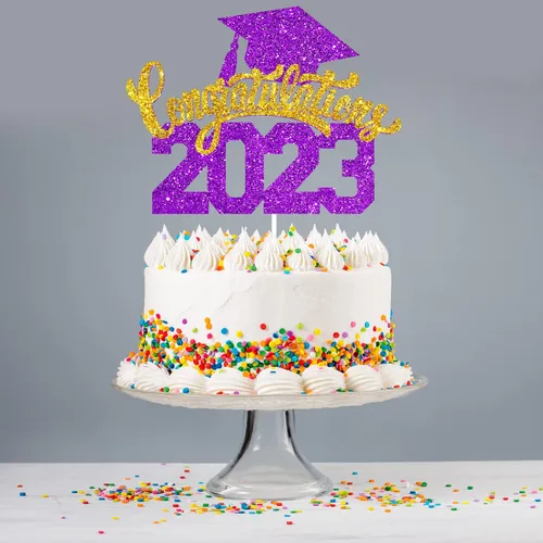 Vista 6 de Felicitaciones 2023 - Decoración para pastel de graduación 2023, suministros de pastel de purpurina morada para fiesta de graduación, decoración