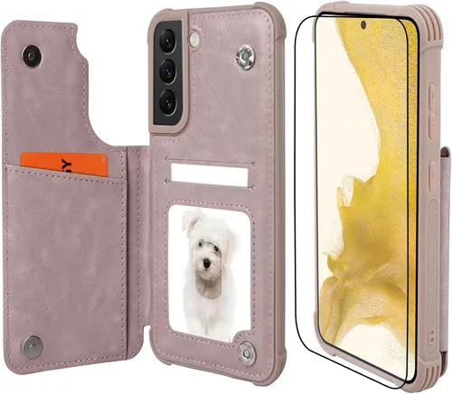 Vista 17 de VANAVAGY Funda tipo cartera compatible con Galaxy S22 con soporte para tarjetas de bloqueo RFID, piel sintética, cierre magnético, función atril