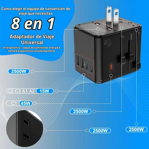 Vista 2 de Adaptador de viaje universal, convertidor de enchufe de alimentación internacional con cargador PD de 45 W, soporte de 2500 W, adaptador de CA todo