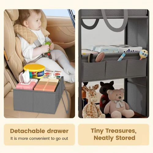Vista 5 de Organizador de pañales de 3 niveles y carrito de almacenamiento, artículos esenciales para bebés con 2+2 divisores y 3 cajones, carrito rodante