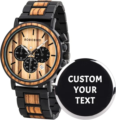 Vista 11 de BOBO BIRD Relojes de madera para hombre, con cronógrafo combinado de madera y acero inoxidable, cuarzo militar, relojes de pulsera casuales