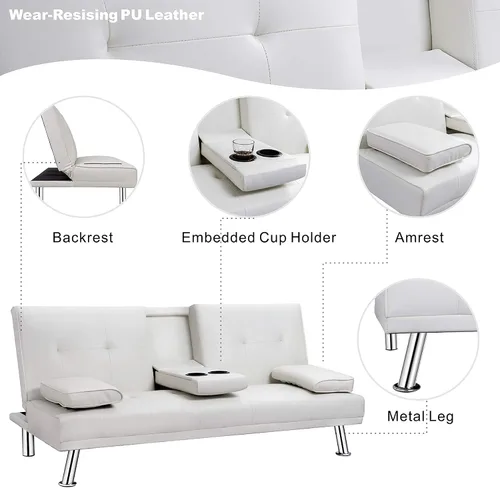 Vista 4 de Walsunny Sofá moderno de piel sintética, sofá reclinable plegable, brazos dobles, sala de estar dormitorio sofá silla (blanco)