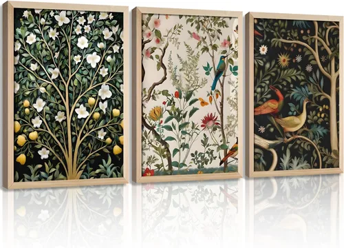 Vista 8 de 3 piezas enmarcadas de plantas de fase lunar en lienzo, arte de pared retro con diseño de flores de luna, impresión de póster con imagen celestial