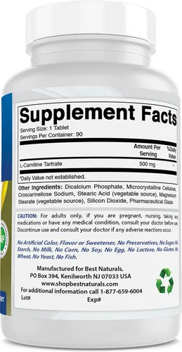 Vista 3 de Best Naturals Tartrato de L-carnitina 500 mg 90 comprimidos (90 unidades (paquete de 3))