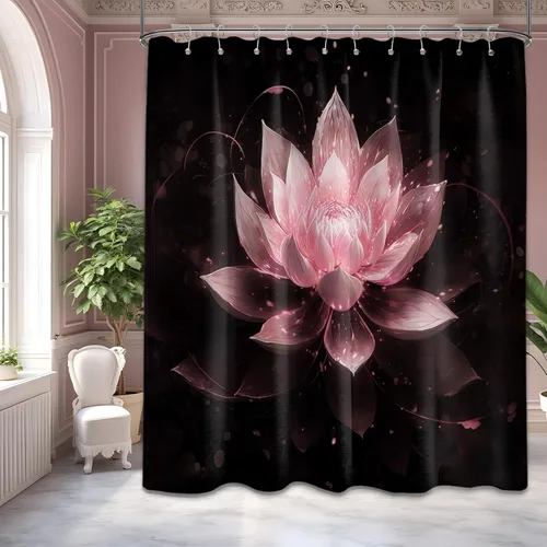 Vista 52 de Cortina de ducha con flores de loto negro y azul para decoración de baño, juego de cortinas decorativas de baño con estampado floral, tela