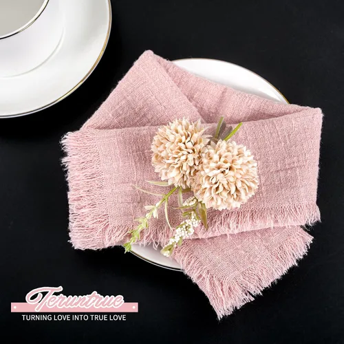 Vista 4 de Paquete de 40 servilletas de tela rosa de algodón y lino a granel de 16.5 x 16.5 pulgadas, servilletas de gasa hechas a mano con flecos, de algodón
