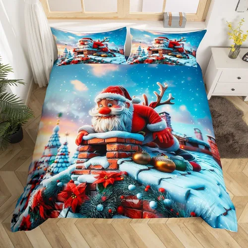 Vista 16 de Juego de funda de edredón con diseño de ciervo de cabaña, tamaño twin, juego de ropa de cama rústica de tablón de madera de árbol de Navidad