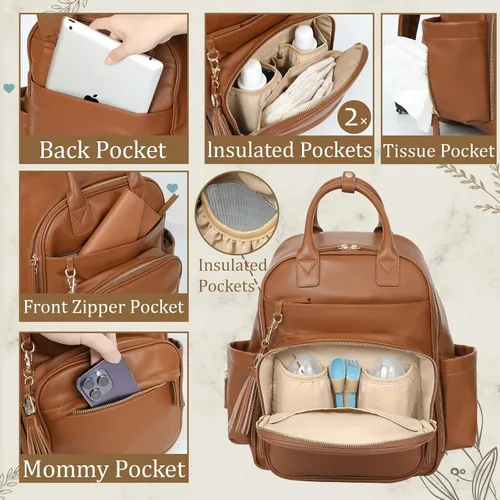Vista 4 de Omanmoli Bolsa de pañales Mochila de cuero Bolsa de bebé Mochila de pañales Congac
