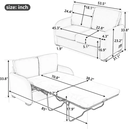 Vista 2 de Sofá cama extraíble, sofá biplaza 2 en 1 con colchón de espuma plegable, sofá cama extraíble de terciopelo con puerto de carga USB y enchufe de 3