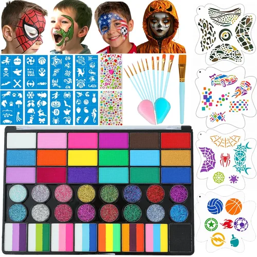 Vista 14 de Face Painting Kit, 12 Split Cake Face Paint Palette Makeup Kit Non-Toxic Water Activated with Brush, Sponge for Party Halloween (12 Split Cakes)