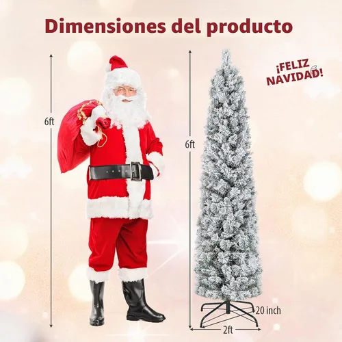 Vista 7 de Goplus Árbol de Navidad artificial de 6 pies preiluminado con flecos de nieve en forma de lápiz, árbol de Navidad delgado artificial con 150 luces