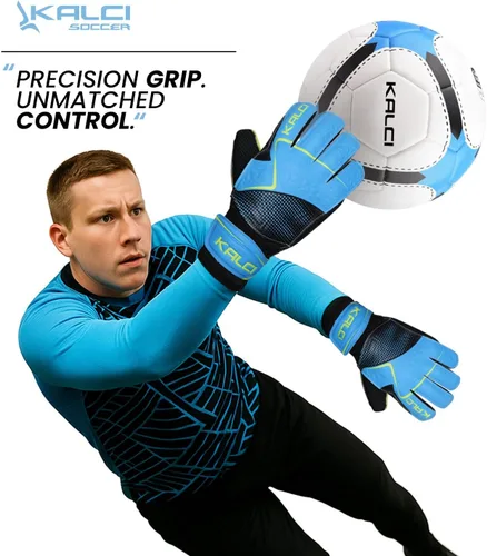 Vista 2 de Kalci Guantes de portero de fútbol para niños y jóvenes, guantes de portero para jugadores de campo para niños y niñas, en relieve, antideslizantes