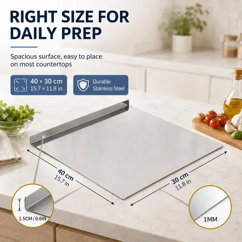 Vista 7 de Tabla de cortar de acero inoxidable con labio, tabla de cortar de metal de 15 x 11 pulgadas para encimera de cocina, tabla de preparación