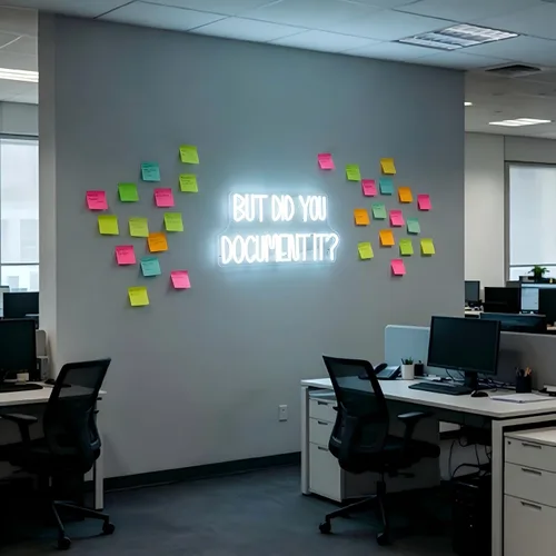 Vista 8 de Letrero de neón con texto en inglés "But Did You Document It", con cita de humor de oficina, luz de neón LED blanca, alimentada por USB, luz