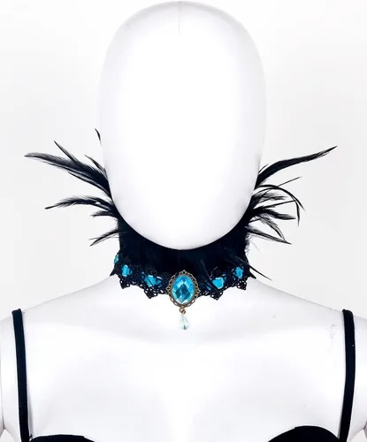 Vista 5 de L'VOW Gargantilla de plumas, joyería gótica, cadena de cuello de vampiro, tatuaje steampunk, accesorios de encaje, disfraz de Halloween