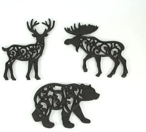Vista 3 de Juego de 3 salvamanteles decorativos de hierro fundido negro para colgar en la pared, diseño de animales salvajes de bosque salvaje y oso, 9