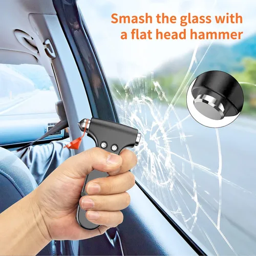 Vista 6 de Martillo de seguridad para automóvil, 2 piezas, herramienta de escape de emergencia 3 en 1 negra con rompedor de ventana y cortador de cinturón
