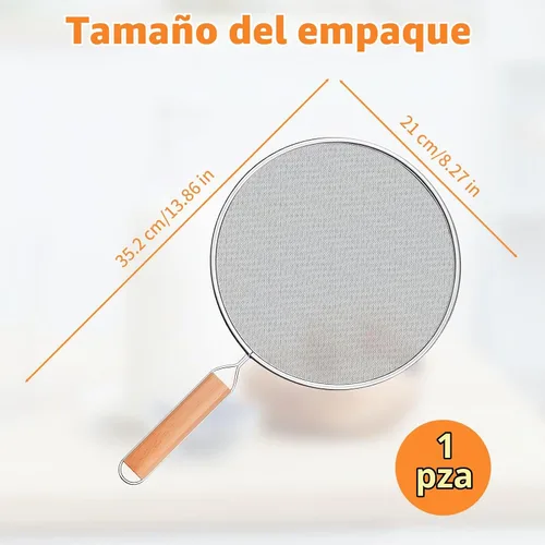 Vista 2 de Pantalla contra salpicaduras de grasa para sartén, malla de protección contra salpicaduras de acero inoxidable de 8 pulgadas con mango de madera