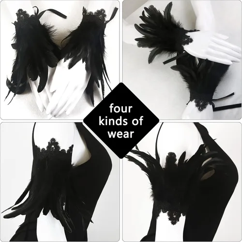 Vista 6 de Guantes de plumas de encaje negro para mujer, accesorios de disfraz de cosplay con muñequeras de cisne