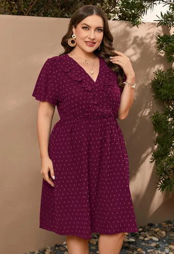 Vista 6 de ShopWonder Vestido de lunares suizos para mujer, talla grande, con botones, cuello en V, manga corta, lindo vestido bohemio fruncido con bolsillos