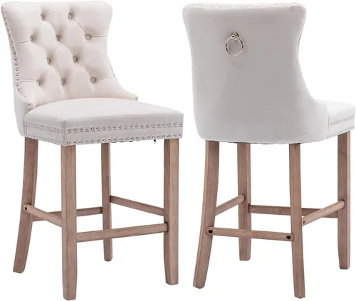 Vista 9 de Juego de 2 taburetes de bar con altura de mostrador, asiento de 26.3 Taburetes de bar beige