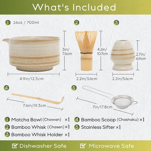 Vista 2 de HIBINO Juego de matcha japonés Kit de matcha de 5 piezas con cuenco y Beige rústico.