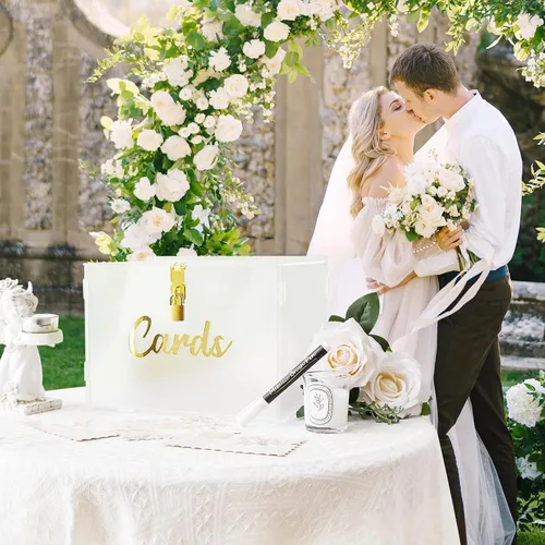Vista 5 de OurWarm Caja de tarjetas de boda de acrílico esmerilado con cerradura, caja de tarjeta de regalo para boda con tira de luz y bolígrafo, caja