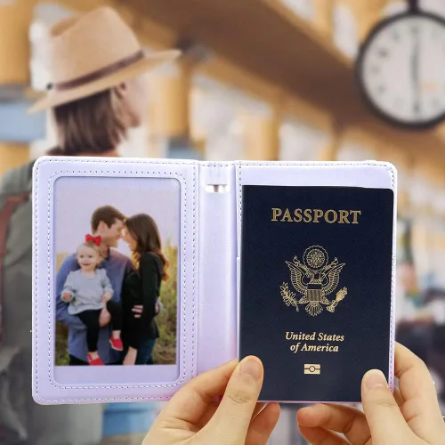 Vista 3 de Soporte para pasaporte y tarjetero de vacuna, cartera para pasaporte, funda para pasaporte con bloqueo RFID, Púrpura, Compacto