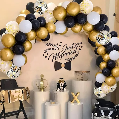 Vista 3 de Kit de 72 globos de confeti negro y dorado, globos negros, dorados y blancos de 12 pulgadas y globos de confeti dorado con cintas para globos
