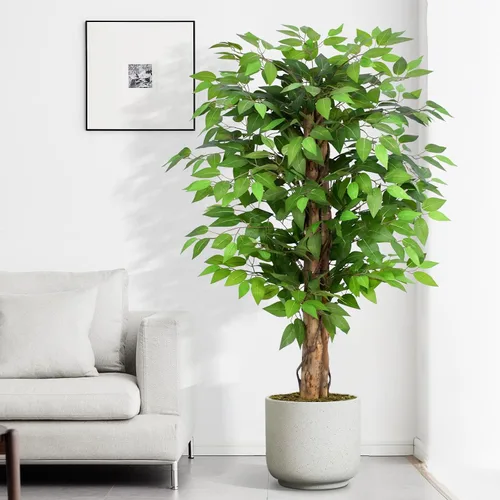 Vista 12 de Árboles artificiales de ficus de 3 pies con troncos naturales curvados, árbol exuberante de 36" de altura, árbol falso de ficus realista en verde