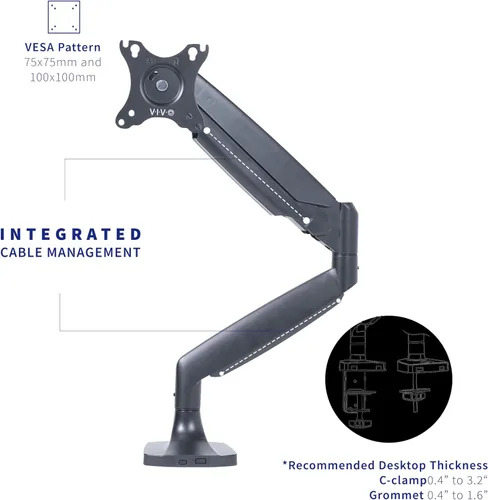 Vista 8 de VIVO Brazo de Monitor Individual de Aluminio Premium de Servicio Pesado para Monitor Ultraancho de hasta 40 pulgadas y 24 libras, Soporte de Montaje