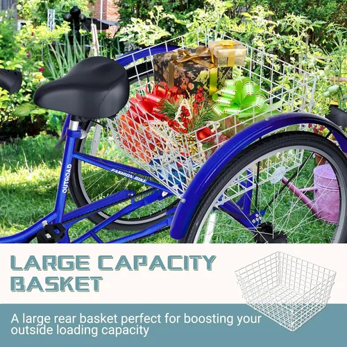 Vista 5 de Triciclo de 7 velocidades para adultos, triciclo Cruiser de 24 pulgadas con cesta grande para mujeres, hombres y personas mayores, bicicleta de 3