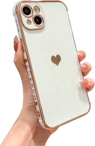 Vista 13 de DEFBSC Funda compatible con iPhone 15, con borde galvanizado, diseño de corazón con correa para la muñeca, protección completa de la cámara