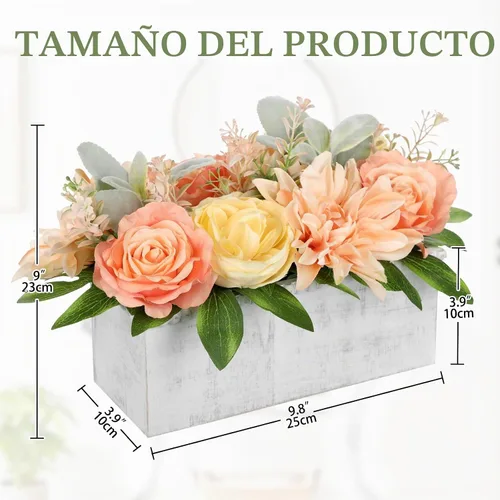 Vista 2 de DILATATA Arreglo floral con jarrón de madera, flores artificiales de 10 pulgadas en maceta, flores falsas en jarrón rectangular de madera blanco