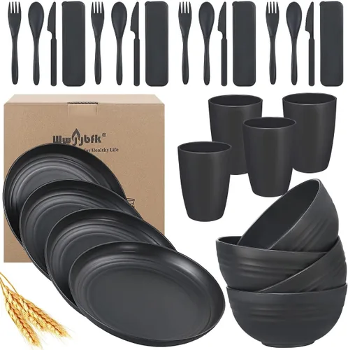 Vista 9 de Juego de vajilla de paja de trigo para 4, platos y tazones de paja de trigo, platos de cocina, 28 piezas, artículos esenciales para dormitorio