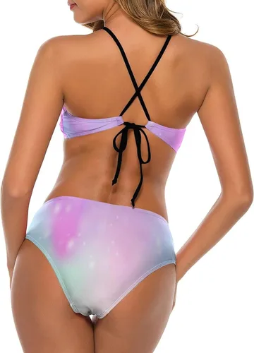Vista 4 de BAIKUTOUAN Rainbow Filter Women's Halter High Neck Bikini Swimwear Set Cross Back Bathing Suit