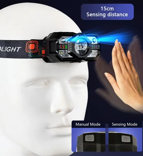 Vista 5 de Skylla Linterna frontal recargable, 1200 lúmenes ultra brillante LED linterna con luz blanca y roja, sensor de movimiento impermeable, 5 modos