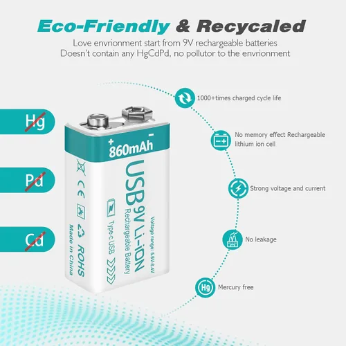 Vista 4 de Batería recargable de litio USB de 9 V de 860 mAh con cable de carga 4 en 1, baterías de 9 voltios 6f22 para detectores de humo (paquete de 8)
