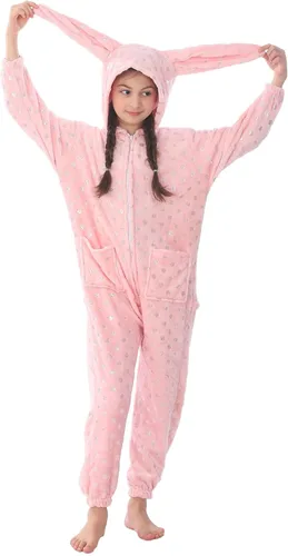 Vista 5 de WOYASIM Disfraz de franela para niños, disfraz de conejo de Pascua con lunares para niñas y niños, lindo conejo rosa