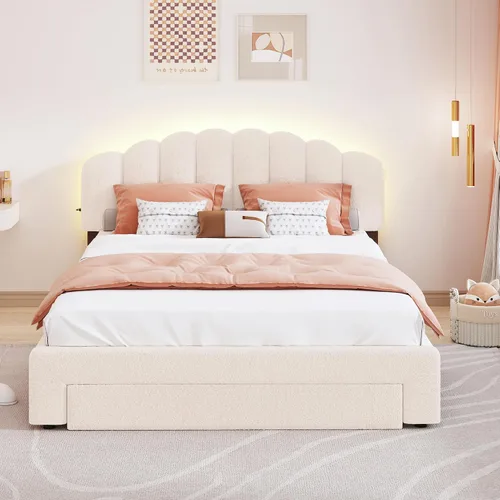Vista 3 de Cama de plataforma tapizada tamaño Queen con un cajón de almacenamiento, base de cama LED inteligente multifuncional con cabecera de forro polar