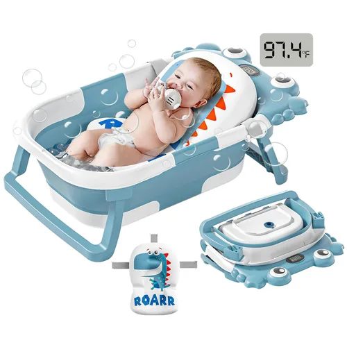 Vista 13 de Bañera plegable para bebés desde recién nacidos hasta niños pequeños con monitor de temperatura en tiempo real + cojín flotante, juego de bañera