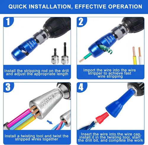 Vista 5 de Pelacables para AWG, herramienta mejorada para taladro, pelacables eléctrico universal 8 en 1, herramienta de extracción rápida de cable con 25