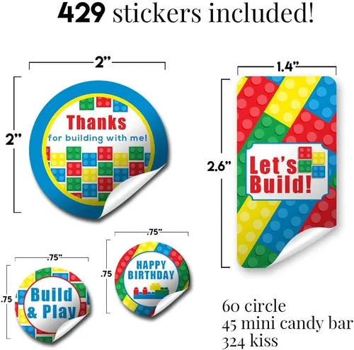 Vista 3 de Kit de calcomanías para fiesta de cumpleaños de bloques de construcción y ladrillos, 429 piezas, incluye 60 calcomanías circulares de 2 pulgadas