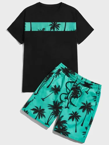 Vista 5 de SOLY HUX Conjunto de 2 piezas para hombre con estampado gráfico de letras, camiseta de manga corta y pantalones cortos con cordón en la cintura