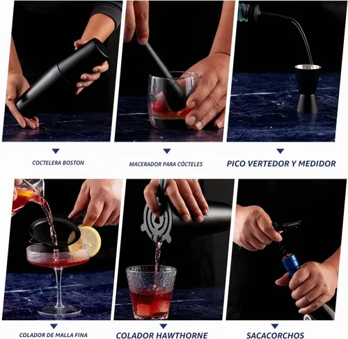 Vista 7 de JNWINOG Juego de coctelera de acero inoxidable, 11 piezas, kit de bartending de 25 onzas, Boston Shaker Bar Kit de mezcla de cóctel, kit profesional